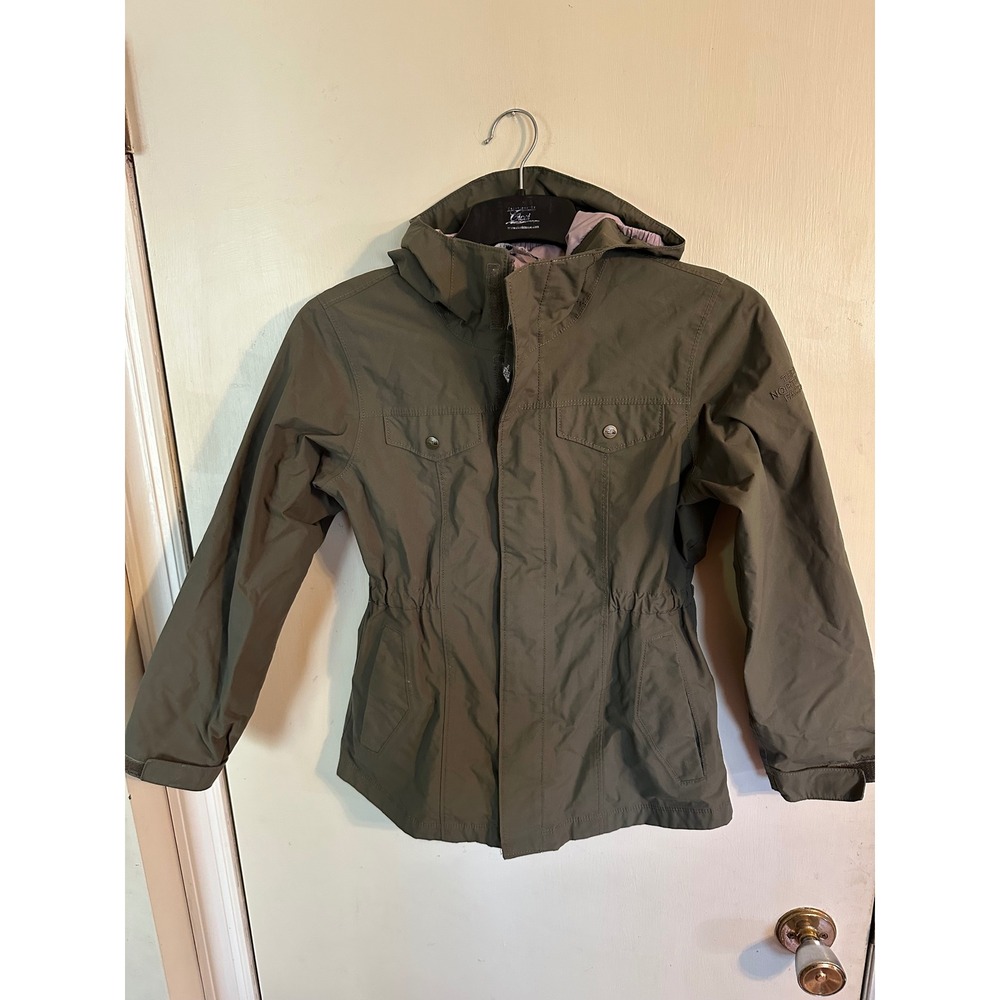 The North Face Girls Olive Green Hooded Rain Jacket Size M 10/12 Cinched Waist
